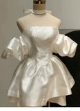 Pretty Ball Gown Off The Shoulder White Satin Mini Short Formal 8th Grade Homecoming Dresses Summer Middle School Hoco Dress Birthday Outfits HZ1214