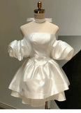 Pretty Ball Gown Off The Shoulder White Satin Mini Short Formal 8th Grade Homecoming Dresses Summer Middle School Hoco Dress Birthday Outfits HZ1214