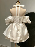 Pretty Ball Gown Off The Shoulder White Satin Mini Short Formal 8th Grade Homecoming Dresses Summer Middle School Hoco Dress Birthday Outfits HZ1214