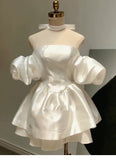 Pretty Ball Gown Off The Shoulder White Satin Mini Short Formal 8th Grade Homecoming Dresses Summer Middle School Hoco Dress Birthday Outfits HZ1214