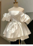 Pretty Ball Gown Off The Shoulder White Satin Mini Short Formal 8th Grade Homecoming Dresses Summer Middle School Hoco Dress Birthday Outfits HZ1214