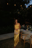 Vintage Sheath Halter Yellow Satin Long Prom Dresses Party Dress Summer 22th Birthday Outfits 21st Birthday Dresses HZ1214