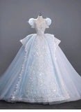 Romantic Bridal Gown Ball Gown High Neck Blue Lace Long Wedding Dresses Minimalist Bridal Gowns HZ1214
