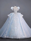 Romantic Bridal Gown Ball Gown High Neck Blue Lace Long Wedding Dresses Minimalist Bridal Gowns HZ1214