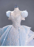 Romantic Bridal Gown Ball Gown High Neck Blue Lace Long Wedding Dresses Minimalist Bridal Gowns HZ1214