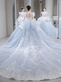 Romantic Bridal Gown Ball Gown High Neck Blue Lace Long Wedding Dresses Minimalist Bridal Gowns HZ1214