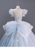 Romantic Bridal Gown Ball Gown High Neck Blue Lace Long Wedding Dresses Minimalist Bridal Gowns HZ1214
