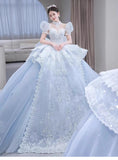 Romantic Bridal Gown Ball Gown High Neck Blue Lace Long Wedding Dresses Minimalist Bridal Gowns HZ1214