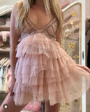 Cute A line Spaghetti Straps Pink Tulle Blush Pink Mini Short Formal 8th Grade Homecoming Dresses Summer Middle School Hoco Dress Homecoming Outfits 20th Birthday Outfit HZ1214