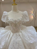 Romantic Bridal Gown Ball Gown Scoop Neck White Lace Long Wedding Dresses Minimalist Bridal Gowns HZ1214