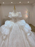 Romantic Bridal Gown Ball Gown Scoop Neck White Lace Long Wedding Dresses Minimalist Bridal Gowns HZ1214