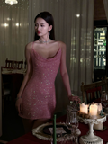Cute Sheath Spaghetti Straps Pink Sequin Mini Short Formal 8th Grade Homecoming Dresses Summer Middle School Hoco Dress Homecoming Outfits HZ1214