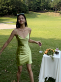 Cute Sheath Spaghetti Straps Sage Green Satin Mini Short Formal 8th Grade Homecoming Dresses Summer Middle School Hoco Dress Birthday Outfits HZ1214