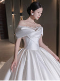 Pretty Wedding Dress Ball Gown Off The Shoulder White Long Satin Wedding Dresses Bridal Gowns Brides Gown HZ1214