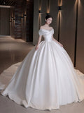 Pretty Wedding Dress Ball Gown Off The Shoulder White Long Satin Wedding Dresses Bridal Gowns Brides Gown HZ1214