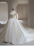 Pretty Wedding Dress Ball Gown Off The Shoulder White Long Satin Wedding Dresses Bridal Gowns Brides Gown HZ1214
