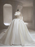 Pretty Wedding Dress Ball Gown Off The Shoulder White Long Satin Wedding Dresses Bridal Gowns Brides Gown HZ1214