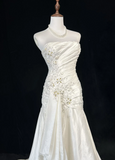 Unique Bridal Gown Mermaid Strapless Lace Sleeveless White 50s Wedding Dresses Modest Bridal Gowns HZ1214