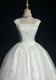 Vintage Bridal Gown Ball Gown Square Neck Sleeveless Tulle Lace Long White 70s Wedding Dresses Elegant Bridal Gowns HZ1214