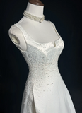 Vintage Bridal Gown A line Square Neck Sleeveless Pearls Beads Long White 70s Wedding Dresses Elegant Bridal Gowns HZ1214