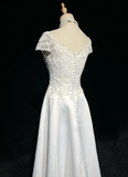 Vintage Bridal Gown 1960s A Line V Neck Short Sleeves Lace Pearls Long White 90s Wedding Dresses Elegant Bridal Gowns HZ1214