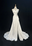 Vintage Bridal Gown A line Sweetheart Sleeveless Silver Beads Long Slit White 70s Wedding Dresses Elegant Bridal Gowns HZ1214