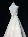 Vintage Bridal Gown A line Spaghetti Straps Sleeveless Pearls Long White 70s Wedding Dresses Elegant Bridal Gowns HZ1214