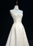 Vintage Bridal Gown A line Spaghetti Straps Sleeveless Pearls Long White 70s Wedding Dresses Elegant Bridal Gowns HZ1214