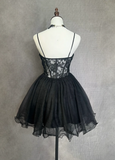 Vintage Ball Gown Spaghetti Straps Black Tulle Mini Short Formal 8th Grade Homecoming Dresses Summer Middle School Hoco Dress Homecoming Outfits Birthday Outfit HZ1214