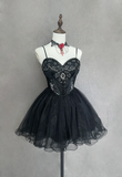 Vintage Ball Gown Spaghetti Straps Black Tulle Mini Short Formal 8th Grade Homecoming Dresses Summer Middle School Hoco Dress Homecoming Outfits Birthday Outfit HZ1214