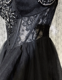 Vintage Ball Gown Spaghetti Straps Black Tulle Mini Short Formal 8th Grade Homecoming Dresses Summer Middle School Hoco Dress Homecoming Outfits Birthday Outfit HZ1214