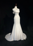 Unique Bridal Gown Mermaid Strapless Chiffon Sleeveless White 50s Wedding Dresses Modest Bridal Gowns HZ1214