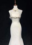 Unique Bridal Gown Mermaid Strapless Chiffon Sleeveless White 50s Wedding Dresses Modest Bridal Gowns HZ1214
