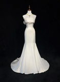 Unique Bridal Gown Mermaid Strapless Chiffon Sleeveless White 50s Wedding Dresses Modest Bridal Gowns HZ1214