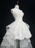 Unique Bridal Gown High Low Spaghetti Straps Lace Sleeveless White 50s Wedding Dresses Modest Bridal Gowns HZ1214