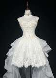 Unique Bridal Gown High Low Spaghetti Straps Lace Sleeveless White 50s Wedding Dresses Modest Bridal Gowns HZ1214