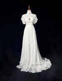 Vintage Bridal Gown 1960s A Line V Neck Short Sleeves Lace Beads Long White 90s Wedding Dresses Elegant Brides Gowns HZ1214