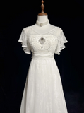 Vintage Bridal Gown 1960s A Line V Neck Short Sleeves Lace Beads Long White 90s Wedding Dresses Elegant Brides Gowns HZ1214