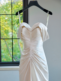 Modest Bridal Gown Sheath Off The Shoulder Light Pink Satin Pleated Long Wedding Dresses Elegant Bridal Gowns HZ1214