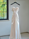 Modest Bridal Gown Sheath Off The Shoulder Light Pink Satin Pleated Long Wedding Dresses Elegant Bridal Gowns HZ1214