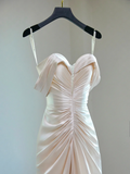 Modest Bridal Gown Sheath Off The Shoulder Light Pink Satin Pleated Long Wedding Dresses Elegant Bridal Gowns HZ1214