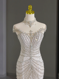Modest Bridal Gown Mermaid Scoop Neck Cap Sleeves Tulle Silver Beads Long White Wedding Dresses Elegant Bridal Gowns HZ1214