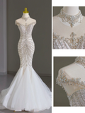 Modest Bridal Gown Mermaid Scoop Neck Cap Sleeves Tulle Silver Beads Long White Wedding Dresses Elegant Bridal Gowns HZ1214