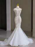 Modest Bridal Gown Mermaid Scoop Neck Cap Sleeves Tulle Silver Beads Long White Wedding Dresses Elegant Bridal Gowns HZ1214