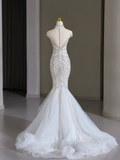 Modest Bridal Gown Mermaid Scoop Neck Cap Sleeves Tulle Silver Beads Long White Wedding Dresses Elegant Bridal Gowns HZ1214