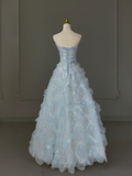 Pretty Ball Gown Sweetheart Tulle Light Blue Long Quinceanera Dress Formal Gowns Vestido De 15 Anos Sweet 16 Dress HZ1214