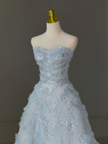 Pretty Ball Gown Sweetheart Tulle Light Blue Long Quinceanera Dress Formal Gowns Vestido De 15 Anos Sweet 16 Dress HZ1214