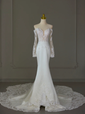 Modest Bridal Gown Mermaid Off The Shoulder White Long Sleeves Satin Lace Wedding Dresses Elegant Bridal Gowns HZ1214