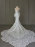 Modest Bridal Gown Mermaid Off The Shoulder White Long Sleeves Satin Lace Wedding Dresses Elegant Bridal Gowns HZ1214