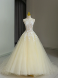 Pretty Ball Gown High Neck Tulle Light Yellow Long Quinceanera Dress Formal Gowns Vestido De 15 Anos Sweet 16 Dress HZ1214